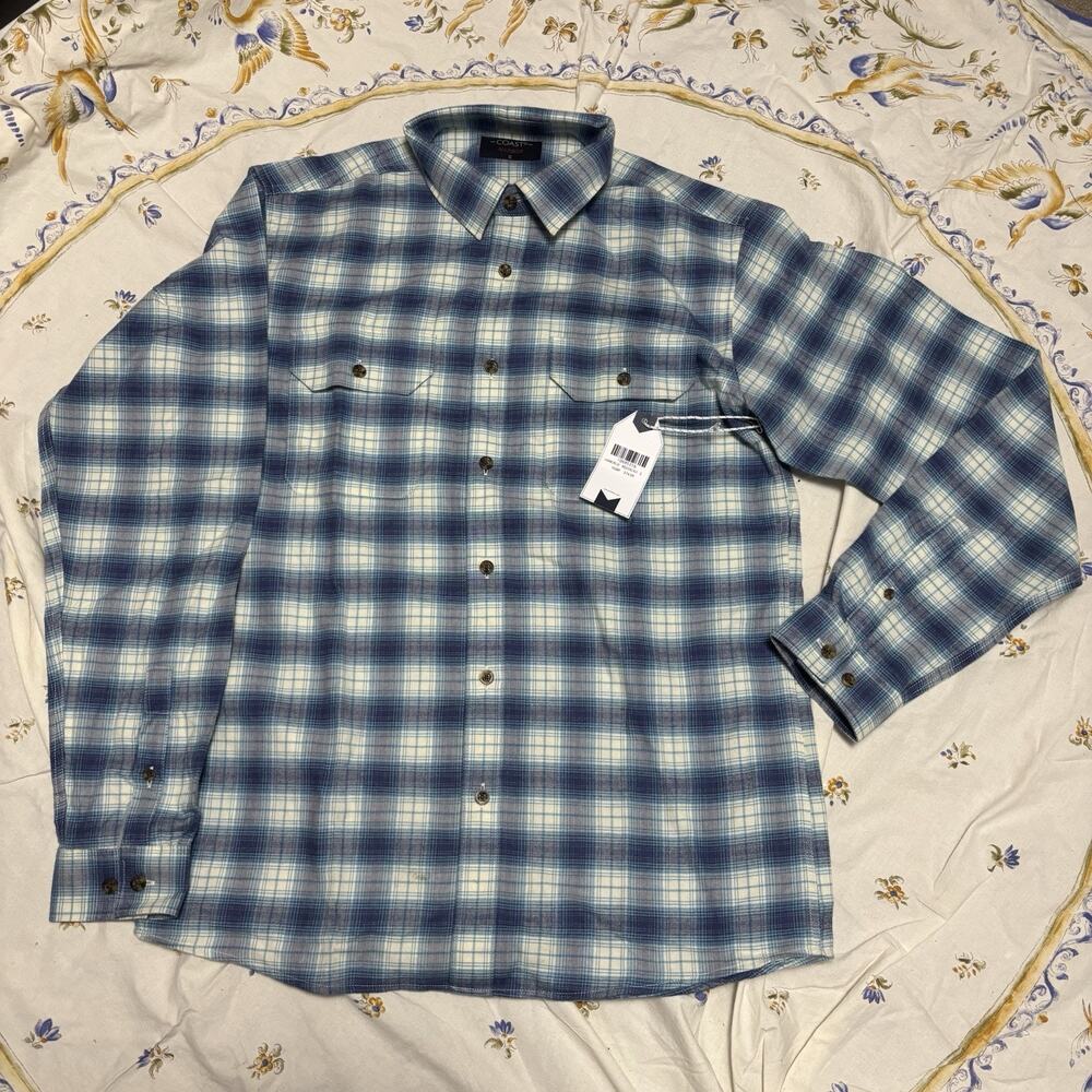 NWT Palmetto Moon Men’s Coast Long Sleeve Flannel Small Indigo Blue Crush Stain